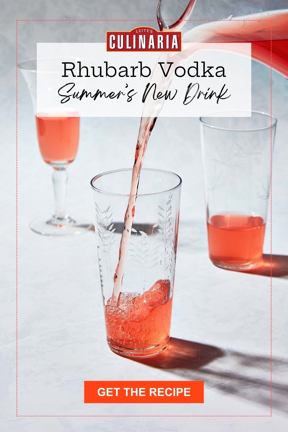 Text overlay reads “Rhubarb Vodka – Summer’s New Drink” above a pour of pink vodka into an etched glass.