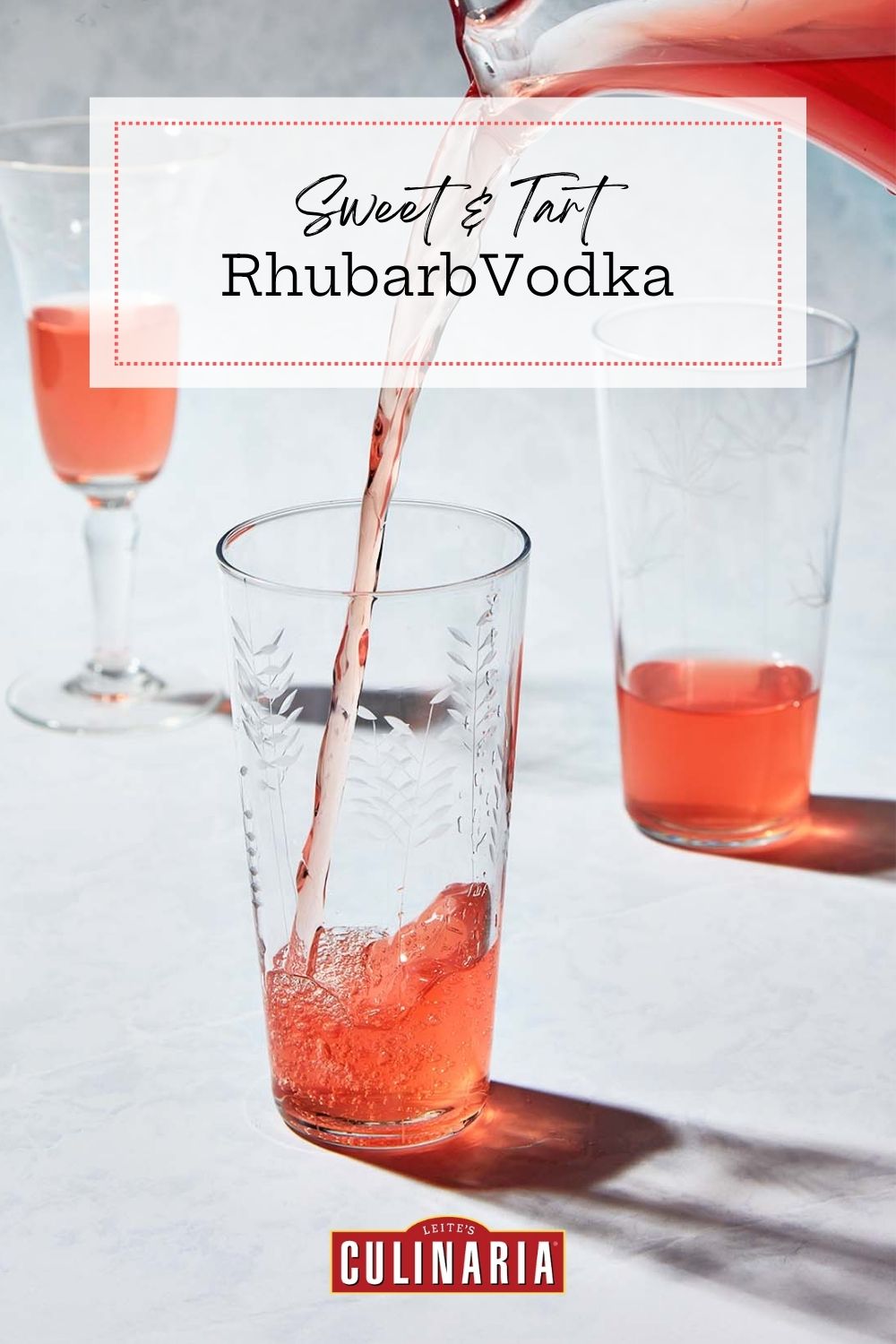 Overlay text “Sweet & Tart Rhubarb Vodka” on photo of pink vodka being poured into a tall glass.