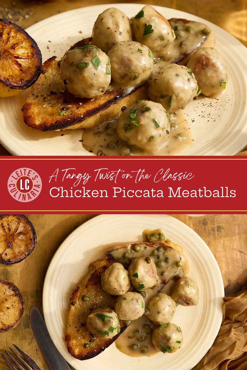Two images of chicken piccata meatballs on sourdough with sauce and herbs.
