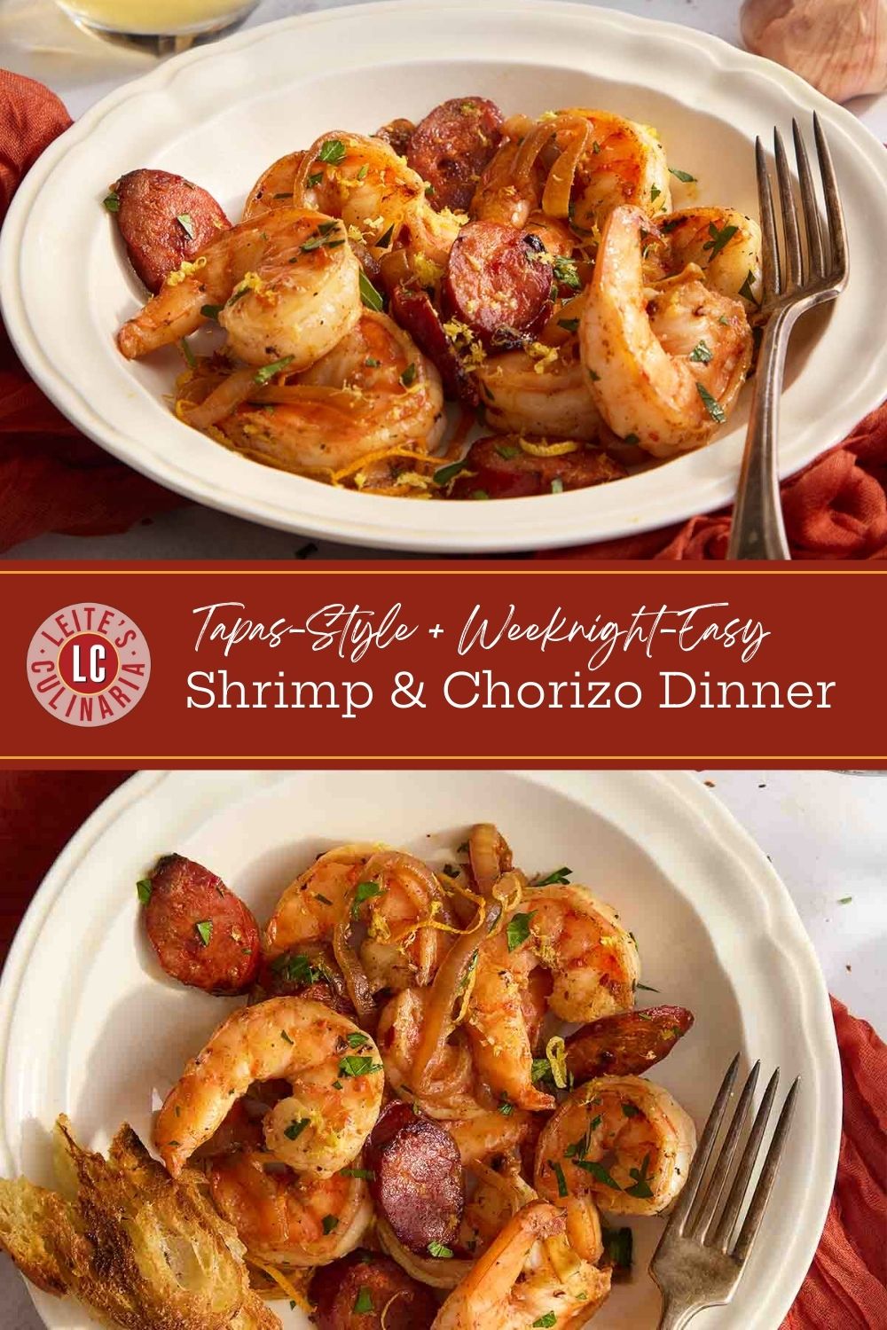 Two plates of shrimp and chorizo with lemon zest and parsley, styled for tapas presentation.