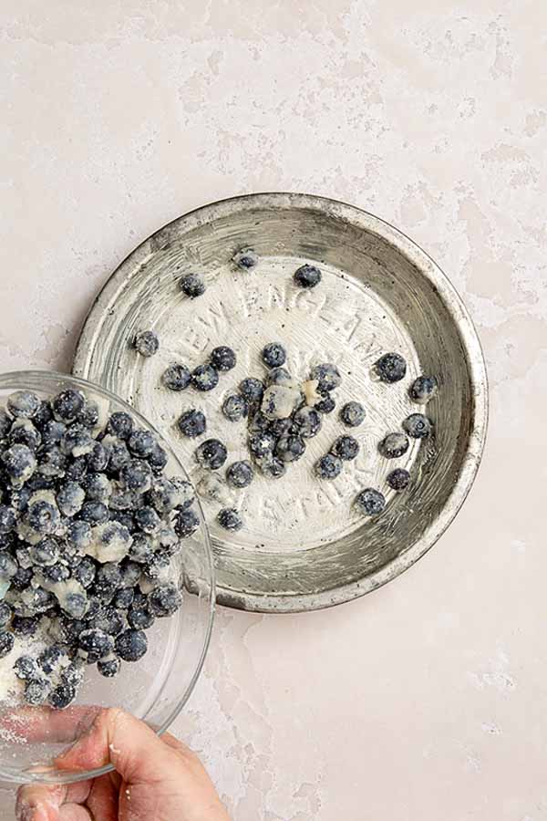 Adding the sugared blueberries into a greased metal pie pan.