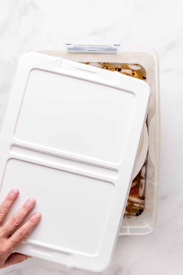 A hand placing the white lid on a clear plastic container with brining brisket inside.