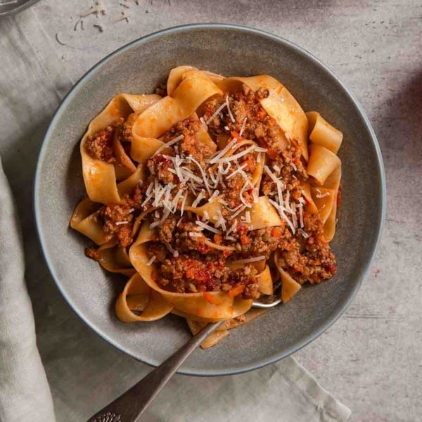 Classic Bolognese sauce on tagliatelle pasta.