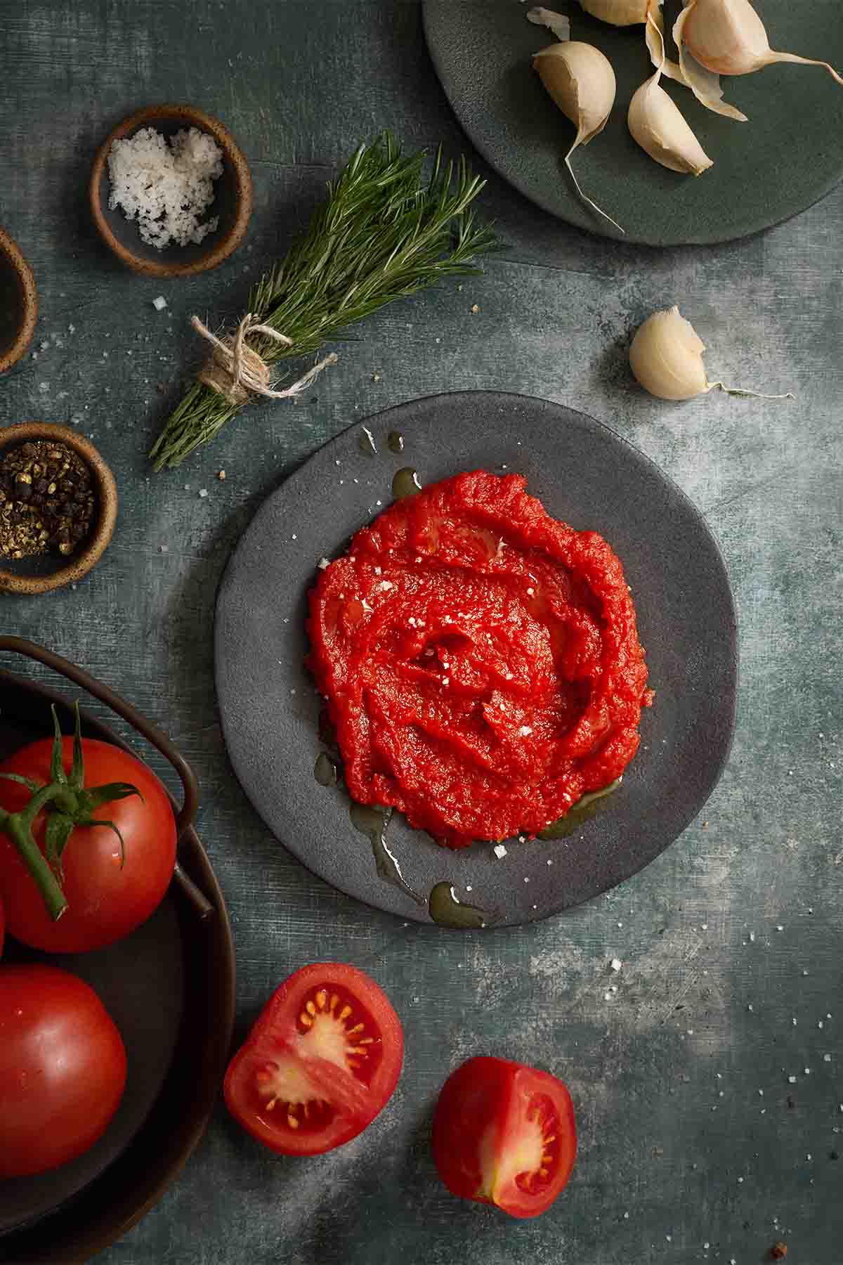 Homemade tomato paste on a dark plate, surrounded by fresh tomatoes, garlic, and rosemary.