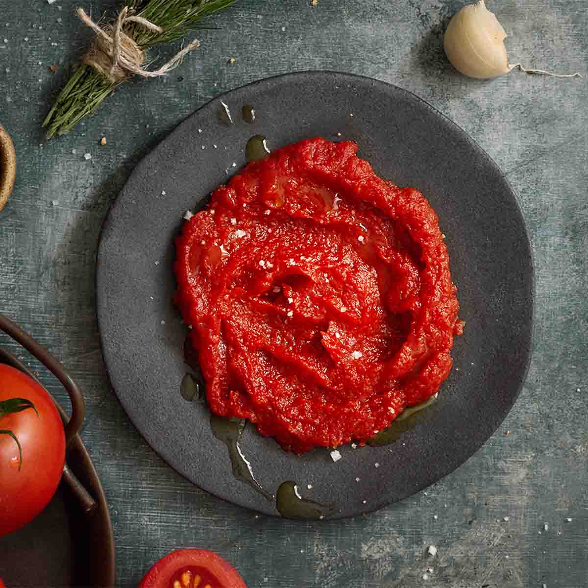A dark plate with a mound of homemade tomato paste drizzled with olive oil and sprinkled with salt.