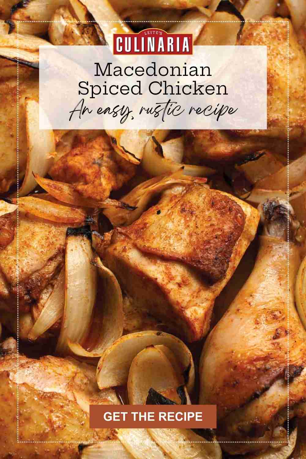 A platter of rustic Macedonian Spiced Chicken, with golden-brown roasted thighs and drumsticks nestled with caramelized onions.