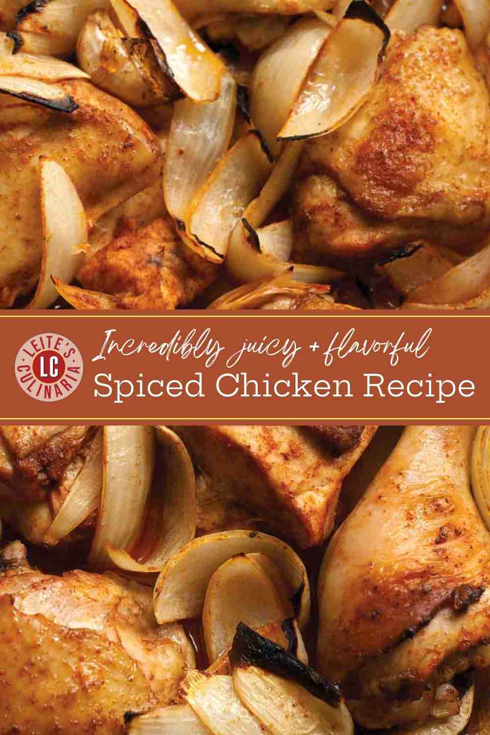 Juicy roasted Macedonian spiced chicken thighs, showing a crisp, golden-brown skin and tender meat.