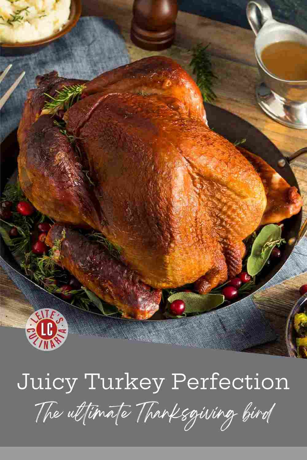 Close-up of a juicy, whole smoked turkey with deeply bronzed skin resting on a cutting board, ready to be carved.