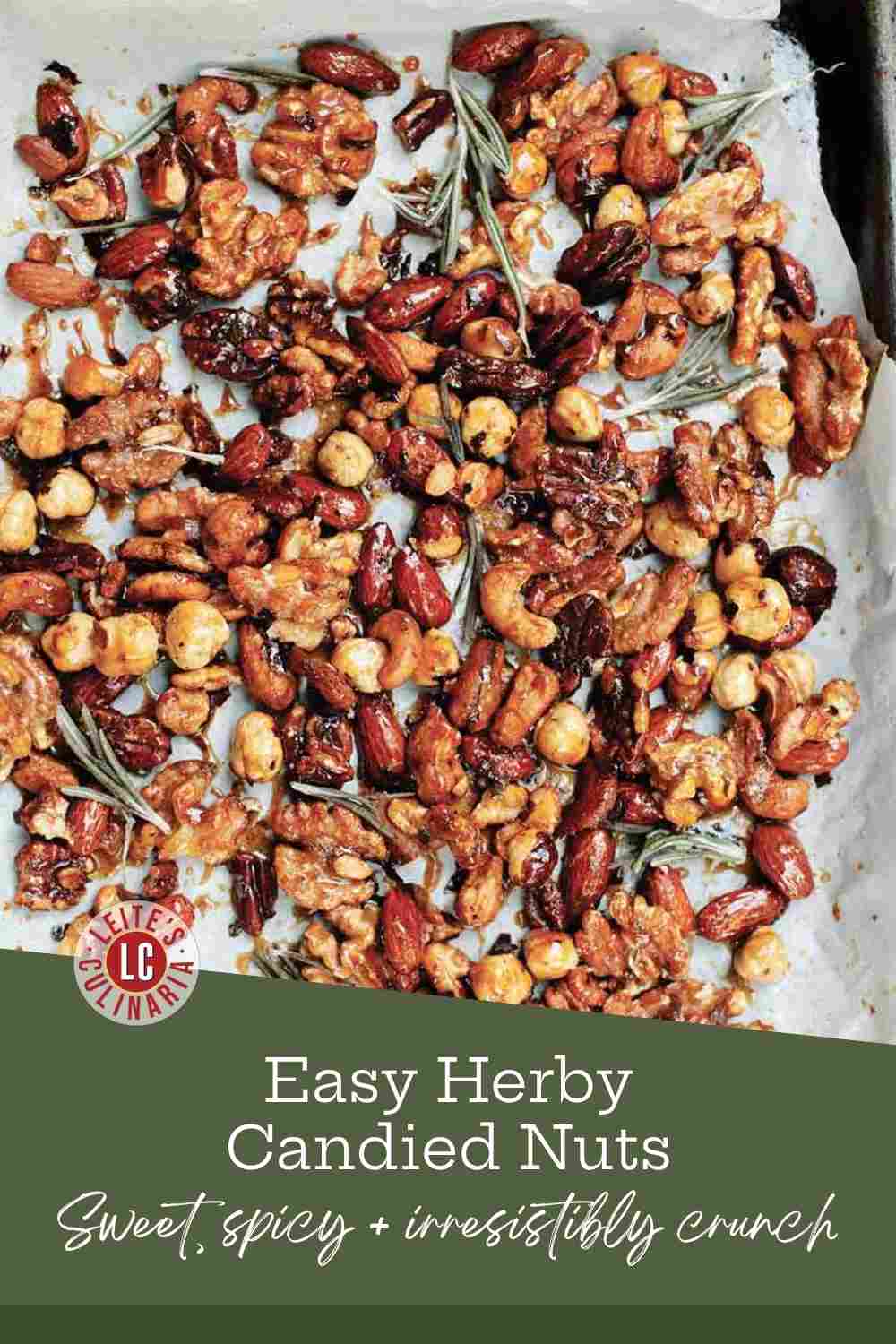 Assorted candied pecans, walnuts, and almonds coated in a spicy sugar glaze cooling on cookie sheet.