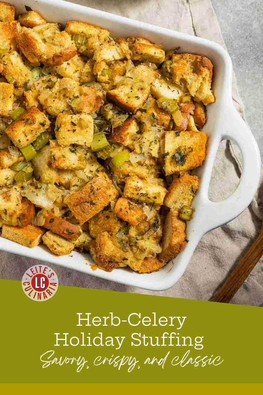A white casserole dish filled with golden-brown herbed bread and celery stuffing, served on a piece of muslin.