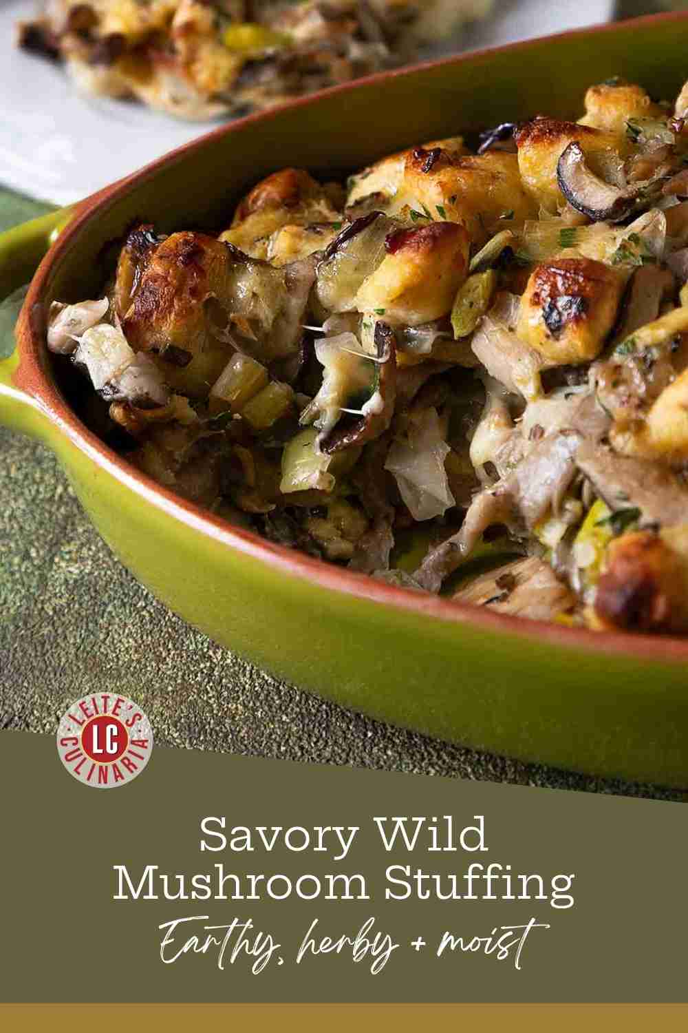 Wild mushroom and sourdough stuffing garnished with fresh parsley, ready to be served.