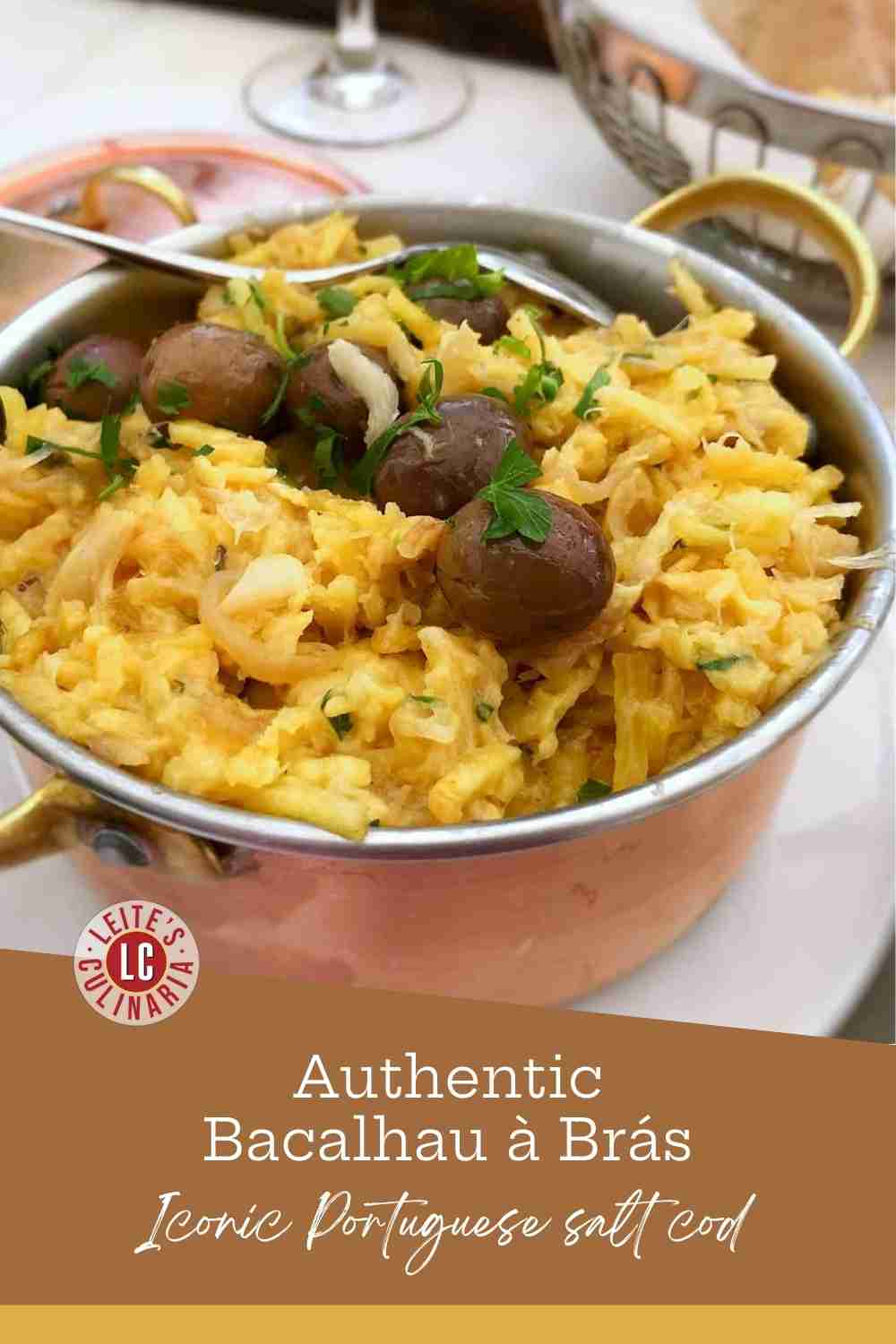 Golden scrambled eggs with salt cod and matchstick potatoes in a copper pot, topped with black olives.