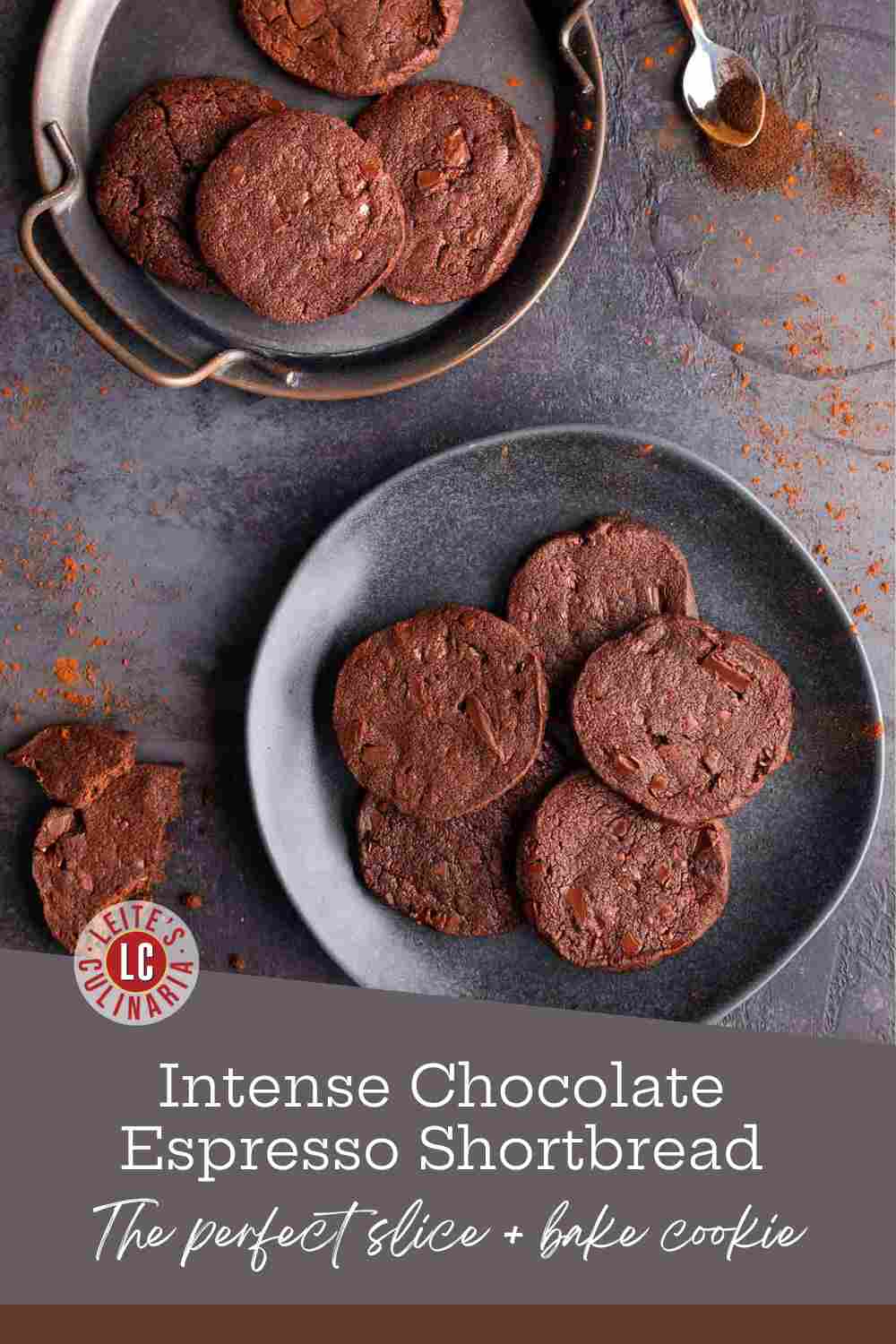 Two plates of dark chocolate espresso shortbread cookies on a rustic metal background.