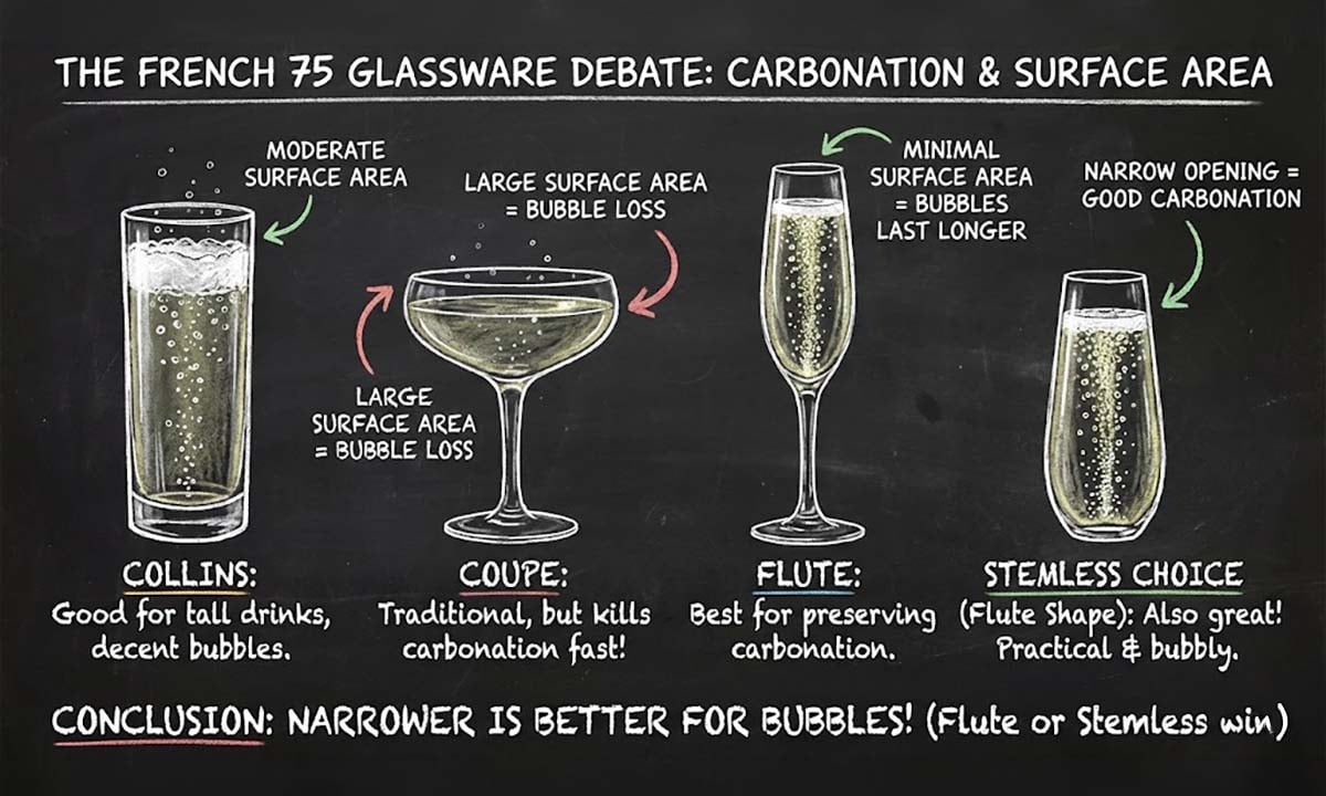 Chalkboard diagram comparing a Collins glass, coupe, flute, and stemless flute, illustrating how surface area affects carbonation retention.