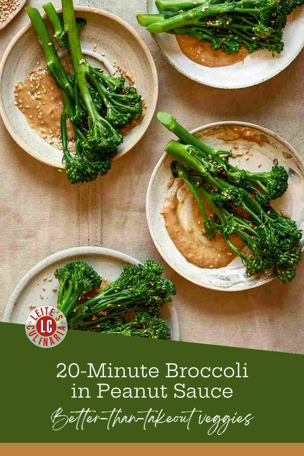 Four small plates of bright green steamed broccoli drizzled with creamy tan peanut sauce and sesame seeds.