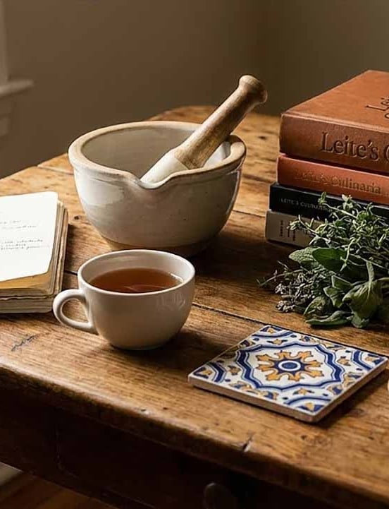 An antique wooden desktop with books, a notebook, herbs, and a mortar and pestle.