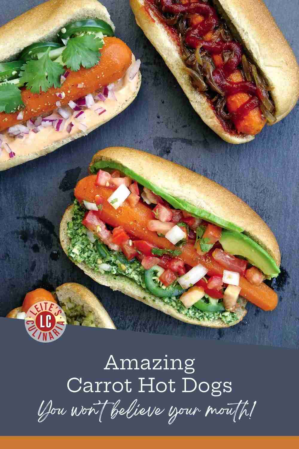 Four roasted carrot hot dogs in buns with various colorful toppings like avocado, salsa, and mustard.