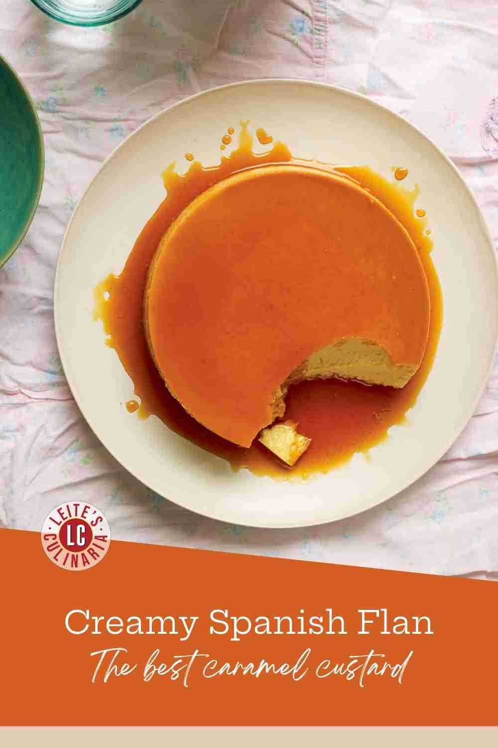 Top view of creamy Flan de Leche custard drizzled with a deep caramel sauce on a simple white plate.