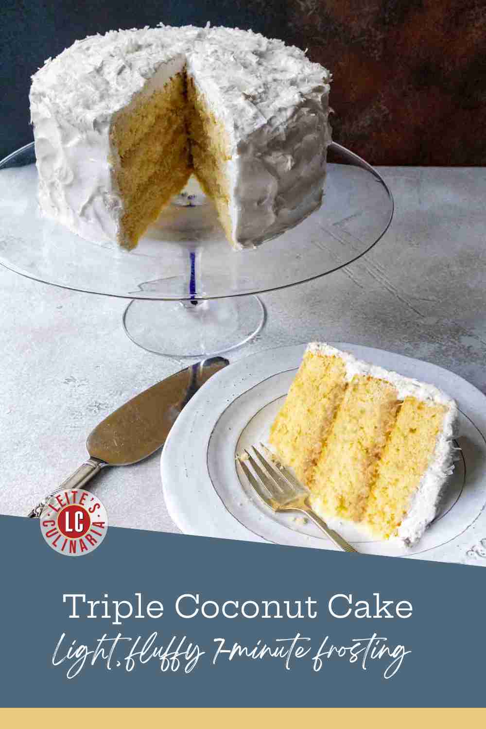 A towering slice of three-layer coconut cake with fluffy white frosting and custard filling on a light-patterned vintage plate.