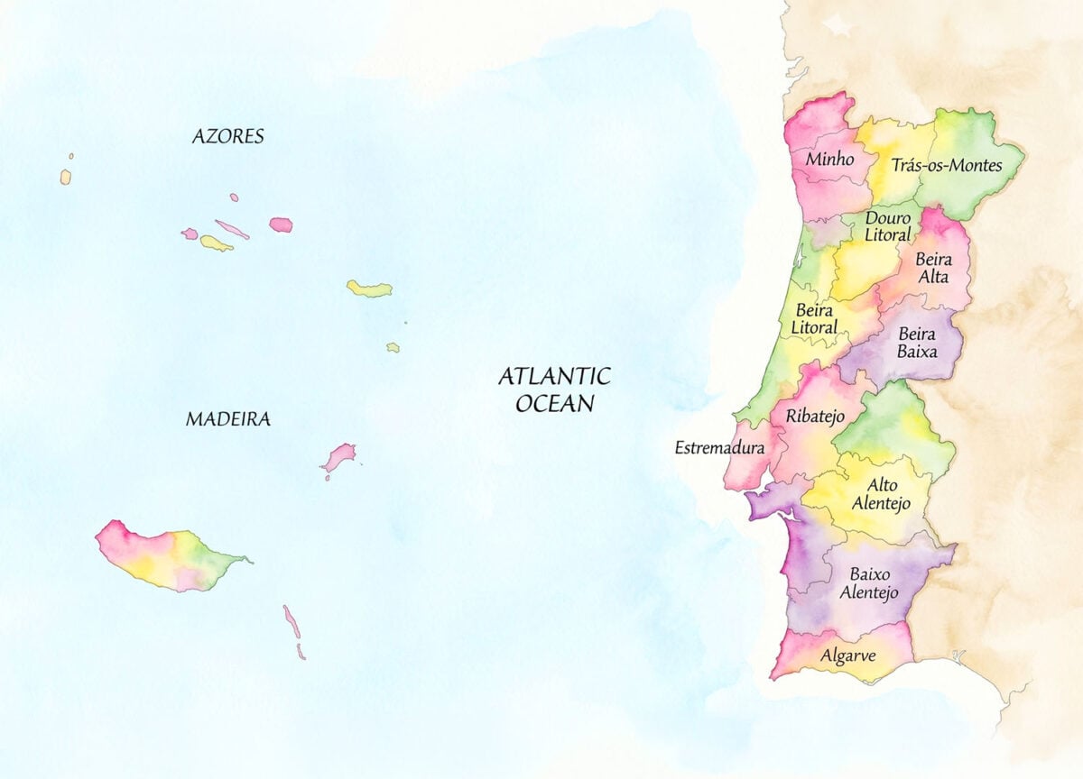 A watercolor map of Portugal, the Azores, and Madeira showing the historical regions of the country.