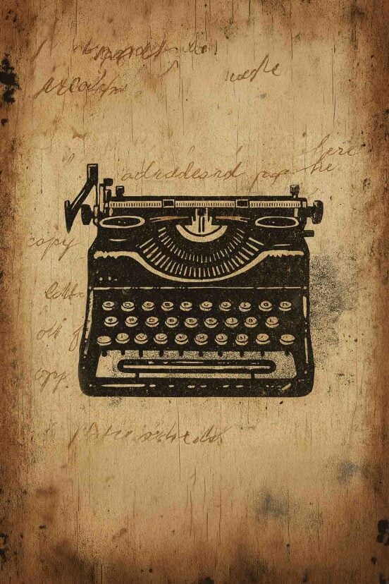 An artistic illustration of a vintage black typewriter on a distressed, aged paper background with faint script.