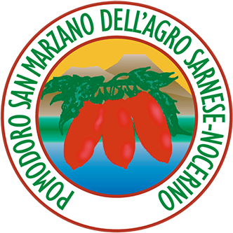 Round red and green seal reading Pomodoro San Marzano dell'Agro Sarnese-Nocerino, with three tomatoes on the vine set against a mountain and blue water