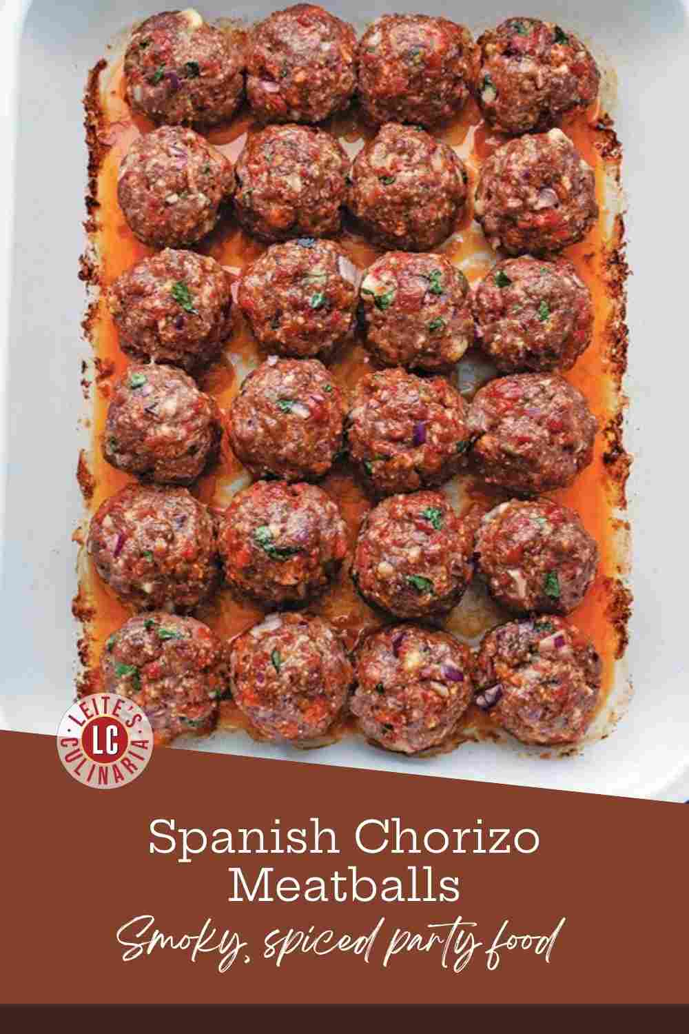 Rows of browned chorizo meatballs in a white enamel dish, flecked with cilantro.