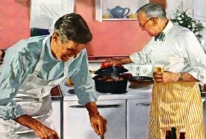 1905's color drawing of two men in a pink kitchen cooking with aprons on.