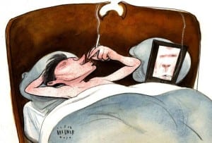 A cartoon of a man under the covers on his bed smoking a cigarette with his iPad next to him on his pillow.