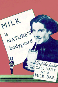 Milk is Nature's Bodyguard poster with a woman sipping milk out of a tall glass with straw.