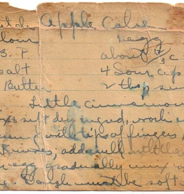 Old Recipe Card that has aged and is written in blue ink, with some of the ink smudged.