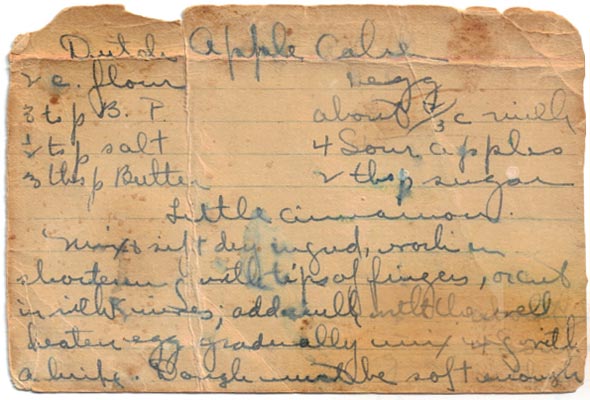 Old Recipe Card that has aged and is written in blue ink, with some of the ink smudged.
