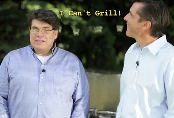 David standing outside by his grill with Jamie Purviance, with a meme of him saying 'I Can't Grill.'